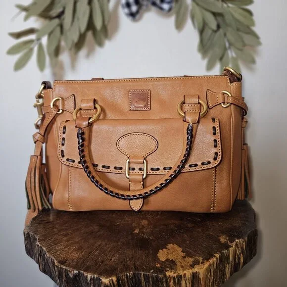 Dooney & Bourke Medium Pocket Satchel Tan Leather Tassel Bag Crossbody 8L977 - Picture 11 of 16